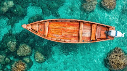 Poster -  A wooden boat bobbing near rocky shores and a tiny island in the heart of the ocean