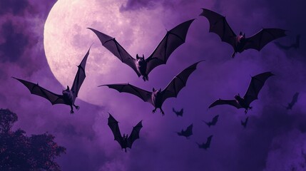 Poster - A group of bats flying in the sky above a full moon