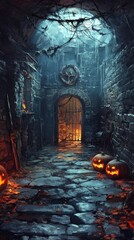 Wall Mural - A dark hallway with a door and three pumpkins on the floor