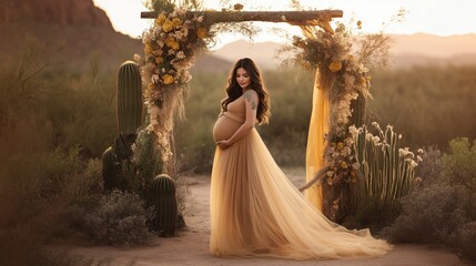 Wall Mural - Pregnant woman in flowing gown standing under floral arch in a desert landscape during sunset