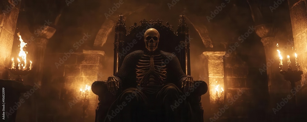 Skeleton king sitting on a throne in a dark, eerie medieval hall ...