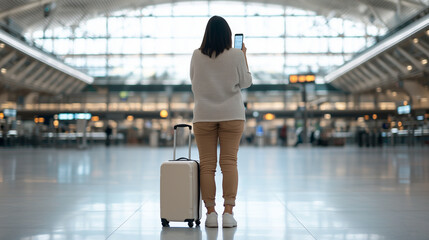 A woman standing with her suitcase in an airport terminal, using her smartphone to check travel tickets or make arrangements. The background shows a bustling airport interior, emph