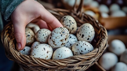 The hand holding quail eggs