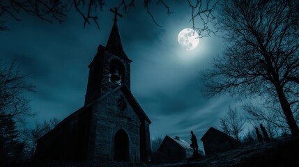 Poster - A church with a large cross on top of it and a full moon in the sky