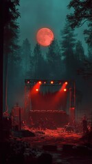 Poster - A dark forest with a large red moon in the sky