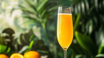 Wall Mural - A vibrant Mimosa in a champagne flute with orange segments, set against a modern brunch-themed backdrop