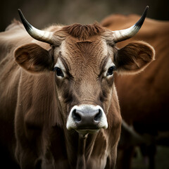 cow brown, white with horns in nature