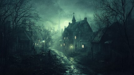 Poster - A dark and gloomy scene with a house in the background