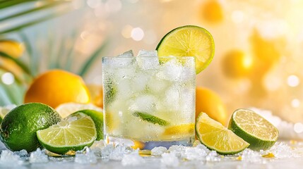 A zesty Caipirinha with lime wedges and crushed ice, set against a bright, citrus-themed backdrop