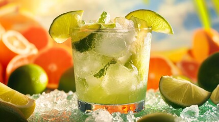 Wall Mural - A zesty Caipirinha with lime wedges and crushed ice, set against a bright, citrus-themed backdrop