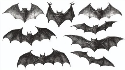 Poster - A set of black and white drawings of bats