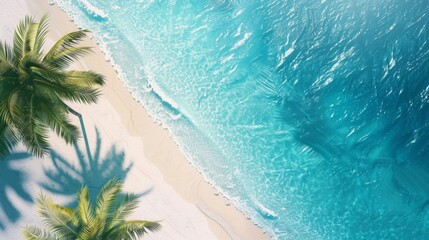 Aufkleber - Golden sands stretch towards the inviting turquoise waves, where gentle ripples caress the shore while palm trees sway softly in the warm summer breeze