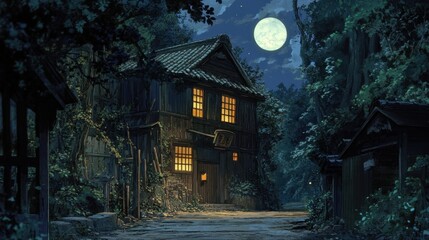 Wall Mural - A house with a moon in the sky