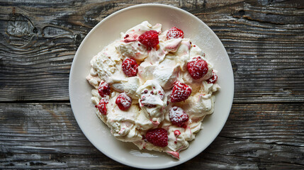 Canvas Print - Delicious eton mess dessert with cream, meringue, and raspberries on a white plate. Perfect for summer days, adds color to any menu