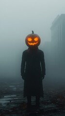 Wall Mural - A person with a pumpkin head stands in a foggy, dark setting