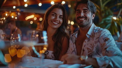 A couple enjoying a romantic dinner with wine, exchanging loving glances. Perfect for advertising romantic dinners and intimate moments.