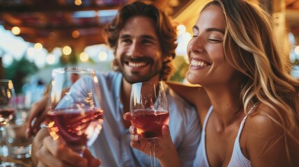 A couple enjoying a romantic dinner with wine, exchanging loving glances. Perfect for advertising romantic dinners and intimate moments.