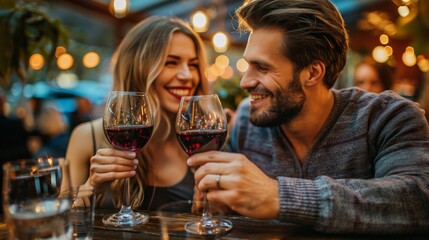 Sticker - Couple sharing an intimate moment over red wine, toasting to their relationship. Perfect for romantic promotions and festive dining experiences.