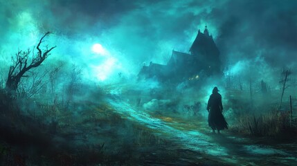 Wall Mural - A man is walking down a path in a dark, foggy forest