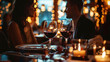 © Diffin - Elegant couple sharing a kiss at a candlelit dinner with wine glasses on a luxurious evening. Soft lighting and romantic ambiance make it perfect for date night and celebration themes.