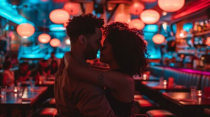 A couple embracing in a dimly lit bar, surrounded by vibrant colors and creating a romantic, intimate atmosphere.