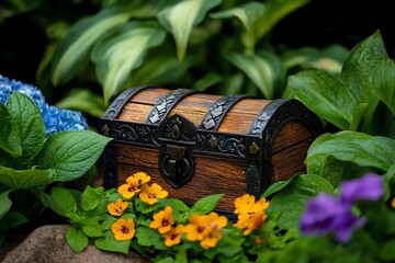 A treasure chest hidden in a lush garden, with colorful flowers and plants almost completely concealing it, as if nature itself is protecting it