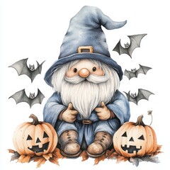 A small gnome wearing a blue hat sits in front of two pumpkins