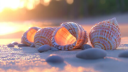 Canvas Print -   Seashells on sandy beach at sunset