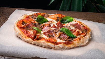 Poster - Italian cuisine pizza with bacon, cheese, truffle mushrooms and basil on a thick dough.