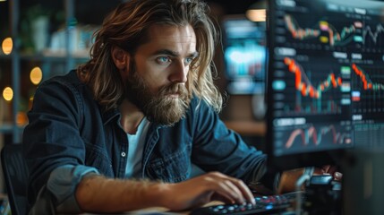 Wall Mural - Creative Manager Analyzing Stock Market Graphs on Desktop Computer in Office