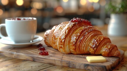 Croissant Delight: Buttery Flakiness with Jam and Coffee on Wooden Board