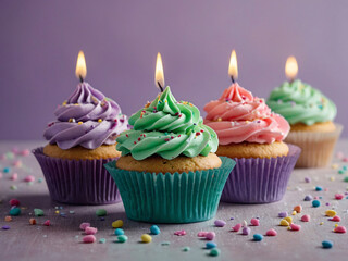 A cute illustration of an array of cupcakes, each decorated with colorful frosting, sprinkles