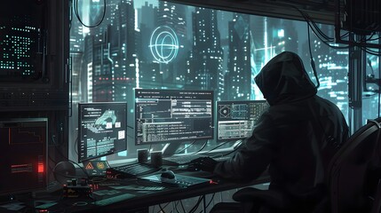 Poster - A mysterious figure in a dark hoodie works on multiple computer screens in a futuristic, neon-lit city environment.