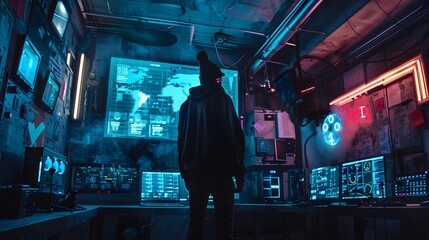 Poster - A person in a dark room filled with computer screens and neon lights, resembling a futuristic hacker or technology expert at work.