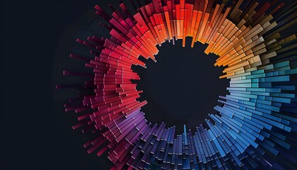 Poster - Abstract 3D rendering of colorful bars forming a circular pattern on a dark background. Vibrant and dynamic digital art representation.