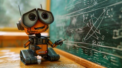 Cute robot writing on blackboard