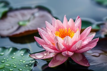 Wall Mural - Water Lily. Pink Lotus Flowers Blooming in Natural Pond Beauty