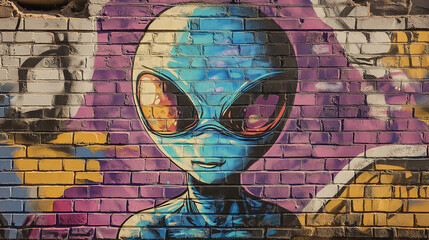 Pop art comic street graffiti with a retro alien in on a brick wall.