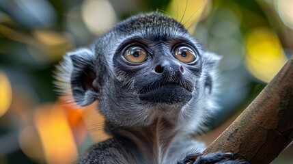 Wall Mural - a curious monkey gazes intently while perched on a branch in its natural habitat, surrounded by vibr