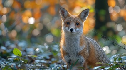 Wall Mural - a curious fox observes its surroundings in a serene forest during autumn, showcasing vibrant foliage