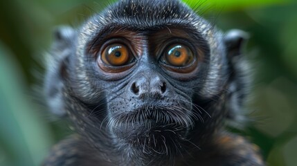 Wall Mural - a close-up of a curious monkey with expressive eyes, set against lush green foliage in a tropical ha