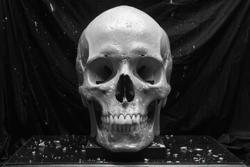 White Human Skull on Black Background - Dark and Eerie Halloween Concept