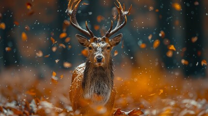 Wall Mural - A majestic stag stands proudly in a forest covered with fallen leaves while light snowflakes gently fall around it during autumn