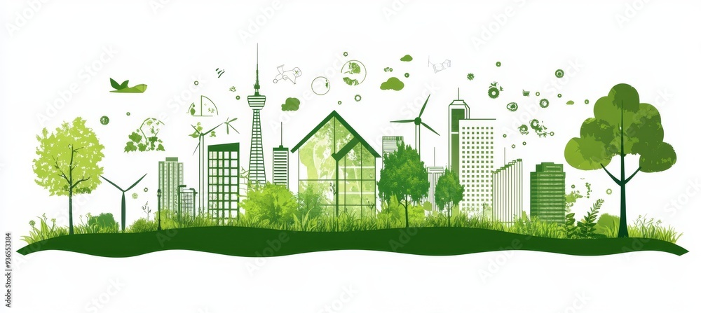 Green city concept with eco friendly buildings, wind turbines, and ...