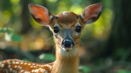 Wall Mural - a serene moment captured as a young deer stands gracefully amidst the lush greenery of the forest du