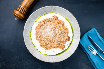 Canvas Print - Italian risotto with parmesan, mushrooms and cream sauce.