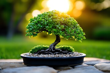 Poster - A bonsai tree in a garden at sunset, with warm light casting long shadows and highlighting the tree's intricate details
