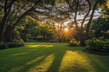 Wall Mural - A large, lush green field with trees in the background, generative ai image