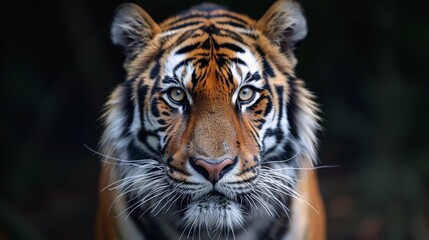 Close-up of a majestic tiger displaying its striking features and intense gaze in a natural habitat during the early morning light showcasing its beauty and power