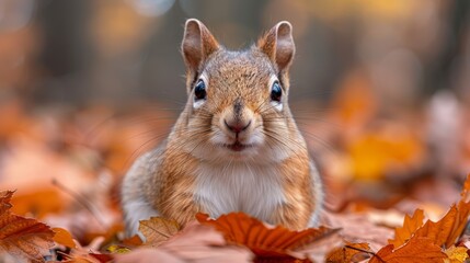 Wall Mural - A gray squirrel resting among colorful autumn leaves in a forest, enjoying the peaceful ambiance of fall during the early afternoon